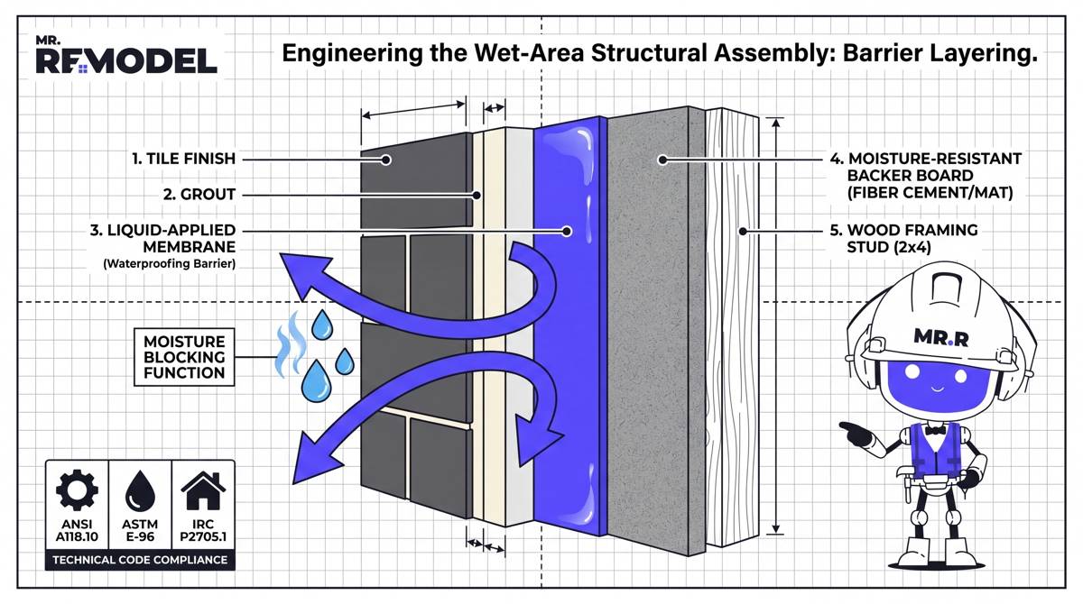 A technical schematic drawing illustrating the "Engineering the Wet-Area Structural Assembly" section. It shows a multi-layered slice of a wall partition, labeling the interaction between the tile, the modified grout, the liquid-applied membrane (showing Secondary Accent Blue #5044FF), the moisture-resistant backer board, and the structural lumber framing, proving that "surface finishes alone are not waterproofing."